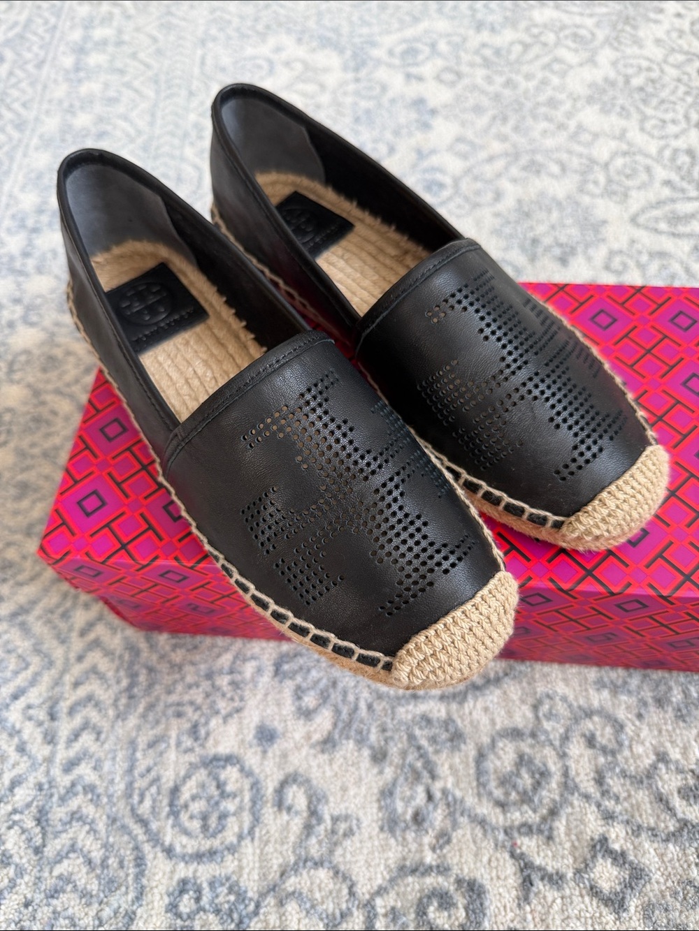 Tory Burch Black Perforated Leather Espadrille Slip-Ons with Natural Jute Toe